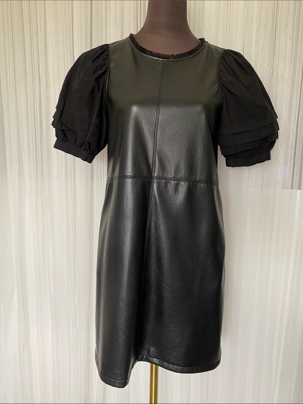 Black Faux Leather Front Puff Sleeve Dress by Melissa Neptune Size S